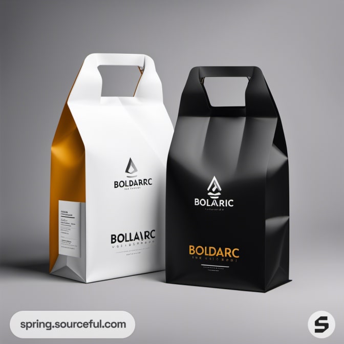 Two tall paper bags, one white with gold, the other black, featuring bold labels.