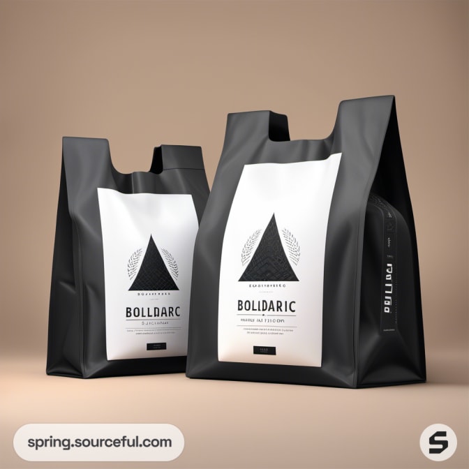 Twin black pouches with geometric white labels on a tan background.