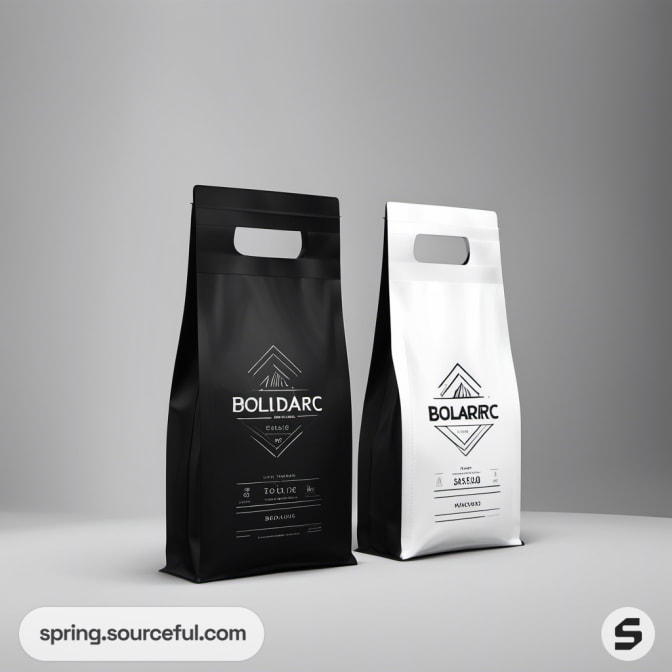 Tall black and white bags with cut-out handles and diamond-shaped labels.