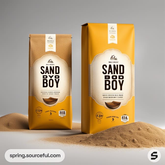 Two rectangular packages labeled 'Sand Body Boy' next to sand.