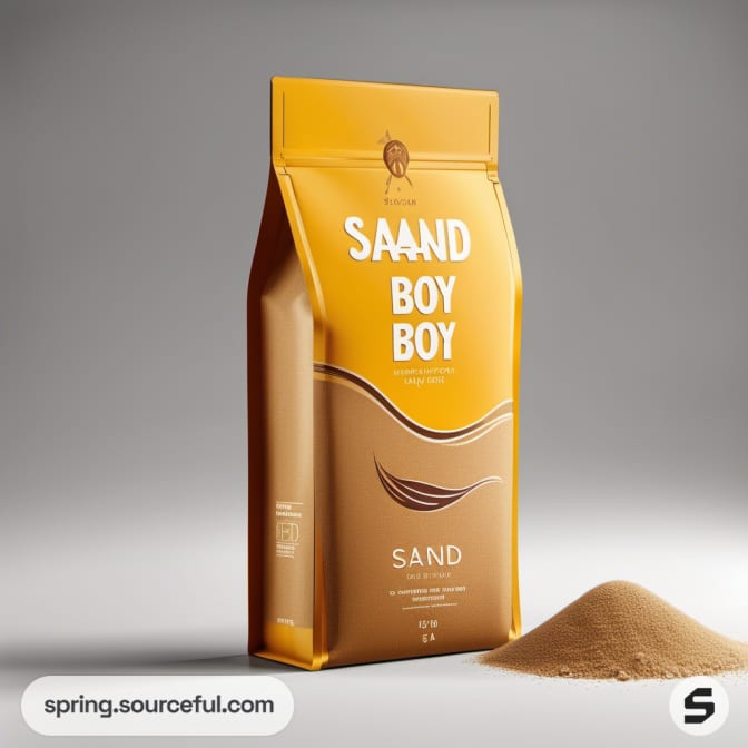 Tall pouch labeled 'SAAND BOY BOY' with sand in front.