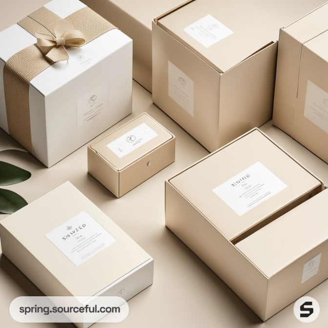 Assorted beige gift boxes with white labels, one with a ribbon bow, on a light surface with green leaves.