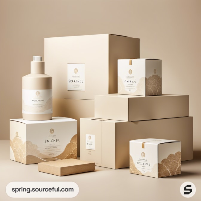 Stacked beige skincare boxes and bottles with elegant wave patterns.