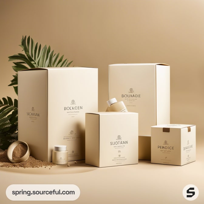 Assorted beige cardboard boxes with minimalist design and plant accents