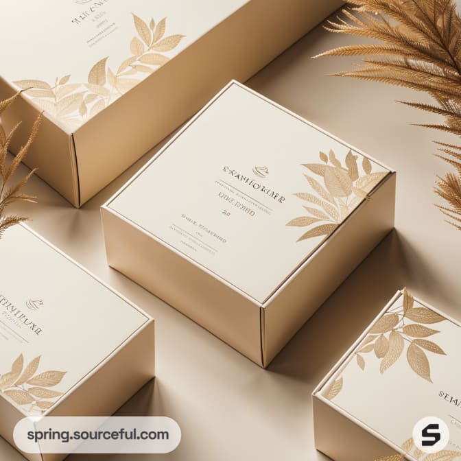 Elegant cream packaging with gold leaf designs on square boxes, featuring subtle patterns and clean surfaces.