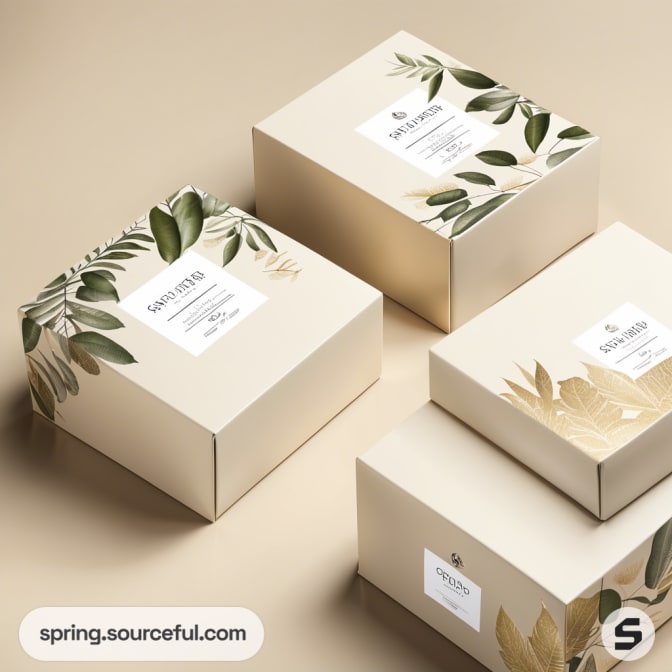 Cream boxes with botanical patterns and labels, featuring leaves in green and gold shades, on a beige background.