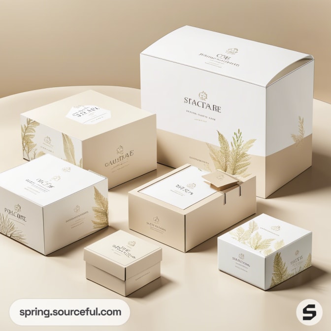 Assorted beige botanical-themed cardboard boxes with minimalist design on a neutral background.