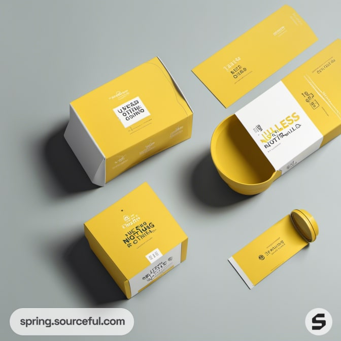 Yellow and white packaging boxes on gray background.