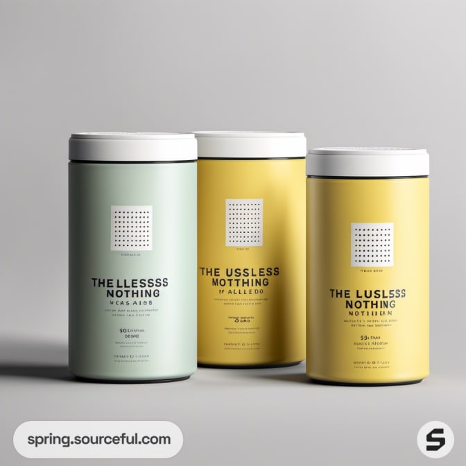 Three pastel-colored cylindrical containers on gray background.