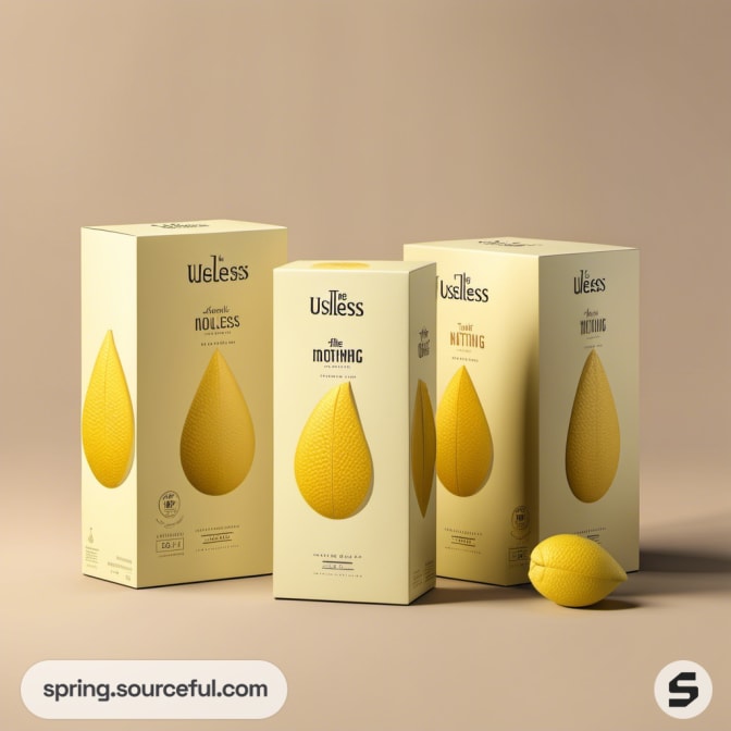 Yellow boxed packaging with lemon design on beige backdrop.