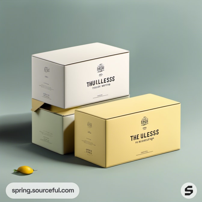 Stack of beige and yellow rectangular boxes with lemon accent.