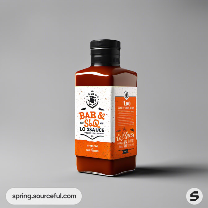 Square BBQ sauce bottle with red cap, rustic label design.