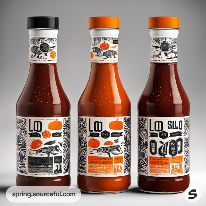 Three BBQ sauce bottles with animal-themed labels.