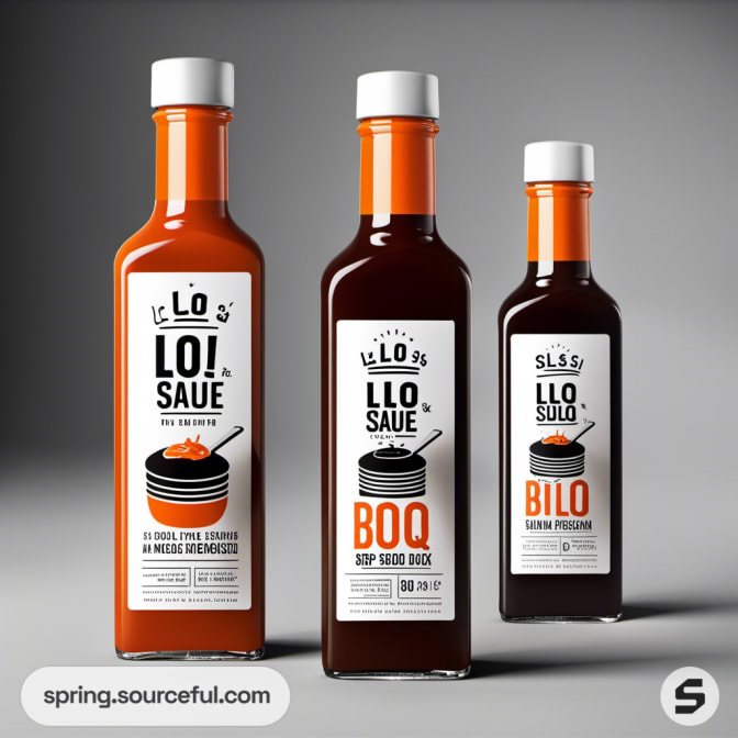 Tall BBQ bottles with bold typography, various sizes.