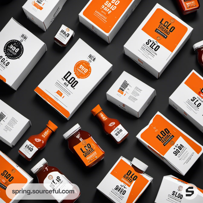 BBQ products in orange and white packaging uniformly laid.