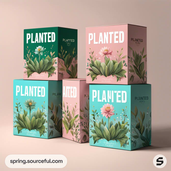 Stack of colorful boxes with plant illustrations, labeled 'Planted'.