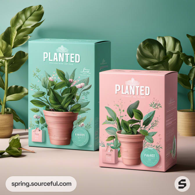 Two plant-themed boxes, one teal and one pink, with potted plant illustrations and greenery background.