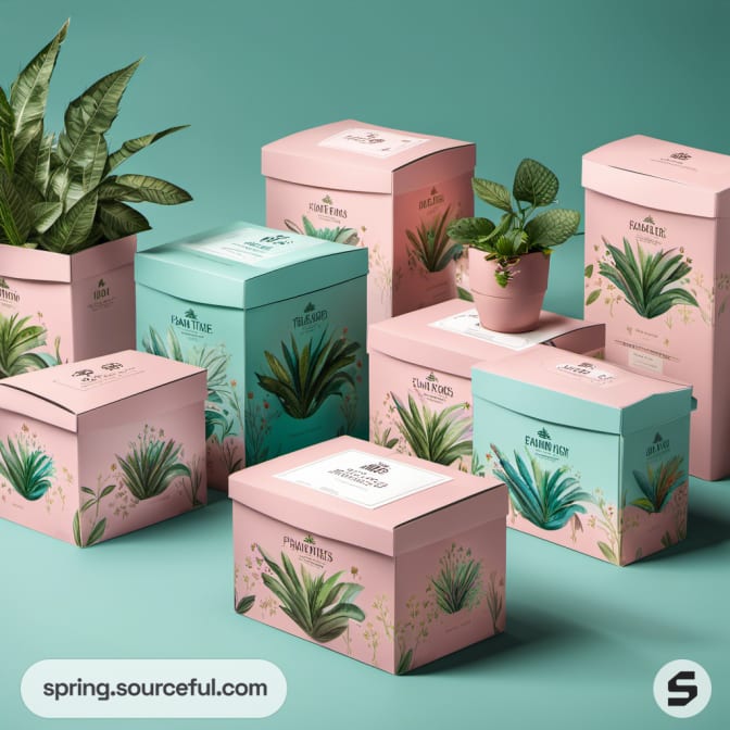 Decorative pastel plant boxes with floral designs against a green background.