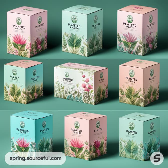 Set of nine floral-themed tea boxes in pastel shades on a green background.