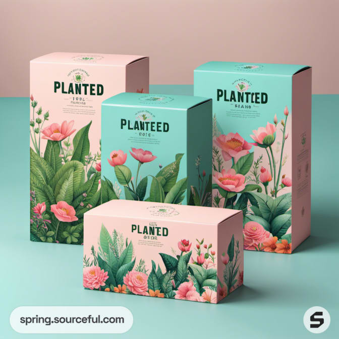 Cardboard boxes with floral designs on a teal and peach background.