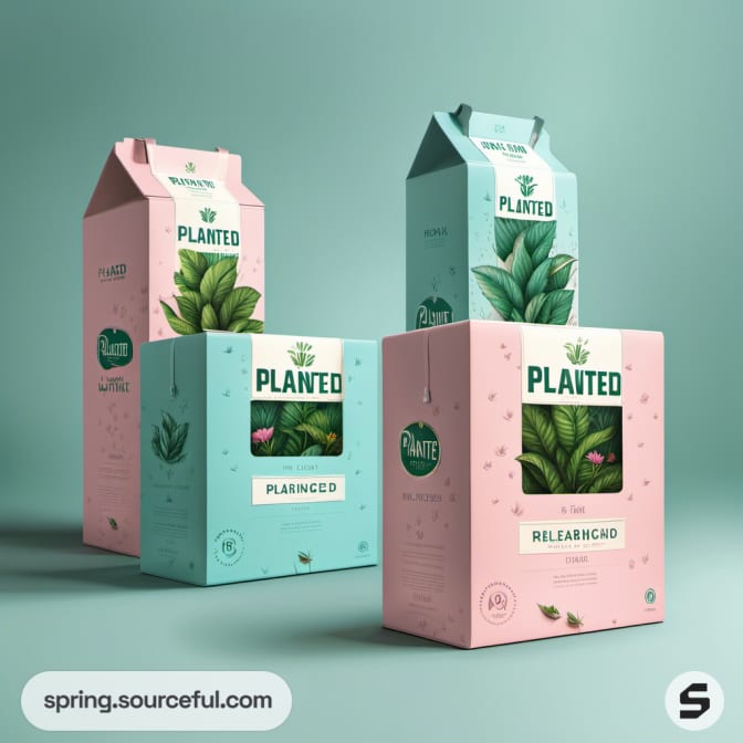 Pastel green and pink cartons for plant-based products featuring leaf illustrations on a soft teal background.