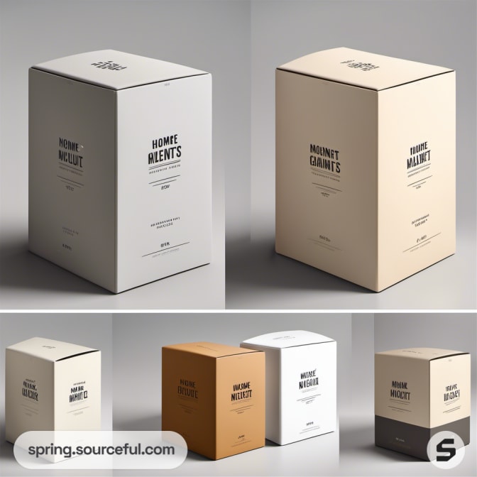 Minimalist beige and white boxes with bold text and clean design.