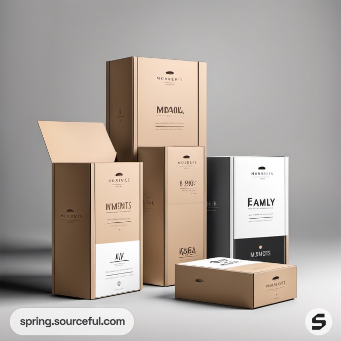 Tall beige and black boxes with sleek fonts and minimal graphics.