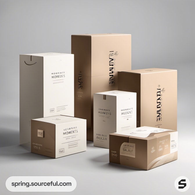Neutral-toned boxes with vertical text and subtle branding.