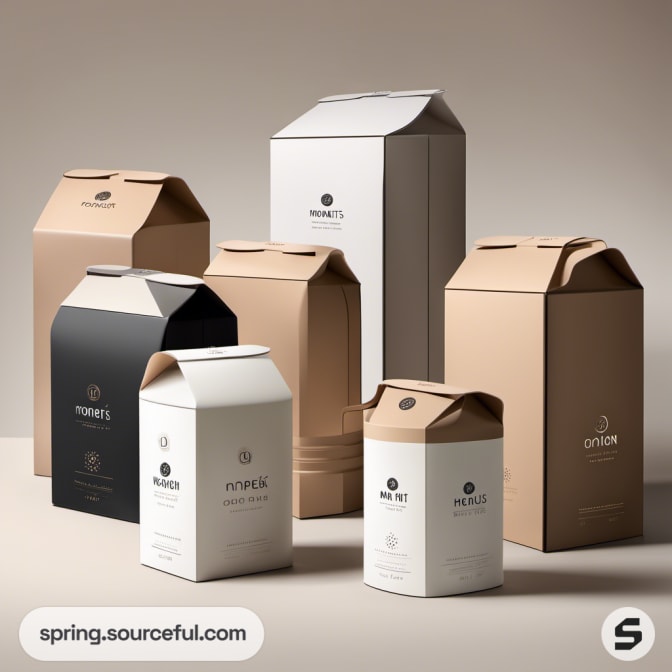 Mixed kraft boxes with elegant logos and curved tops.