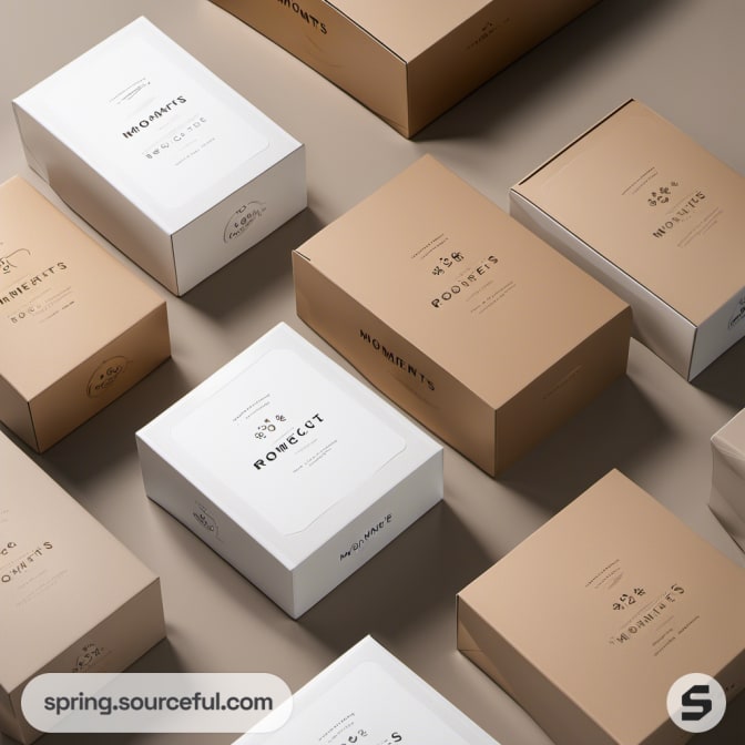 Flat-lay of beige and white boxes with uniform typography.