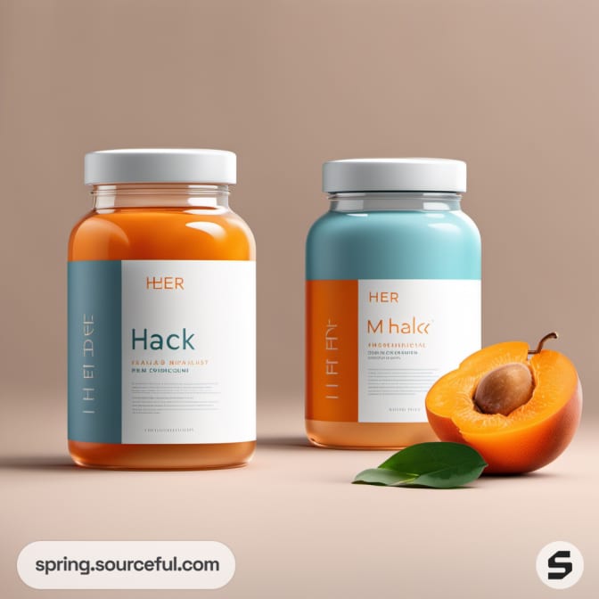 Orange and blue jars next to halved apricot.