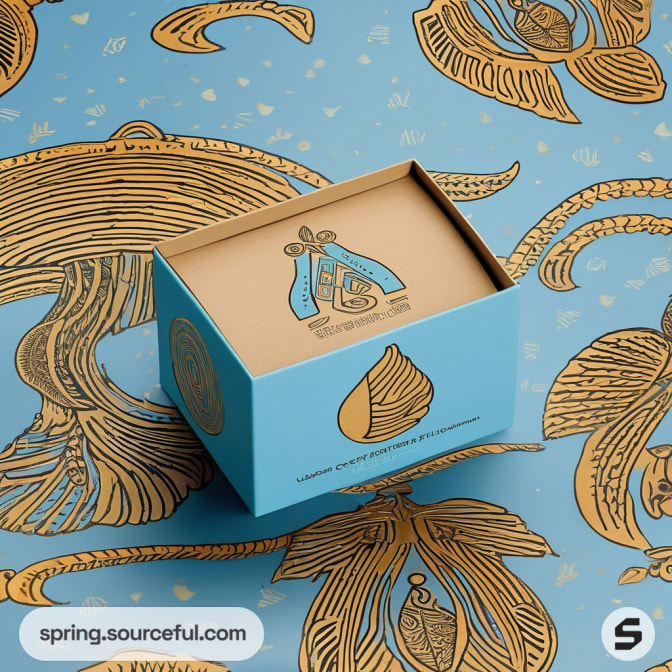 Blue and beige box with intricate illustrations on patterned background.
