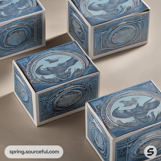 Group of blue and white boxes with ornate designs.
