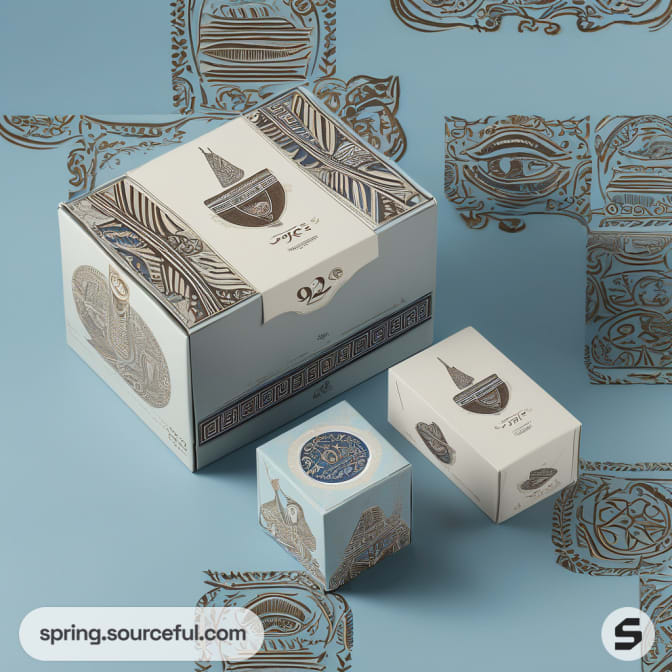 Three intricately designed boxes on a detailed patterned background.