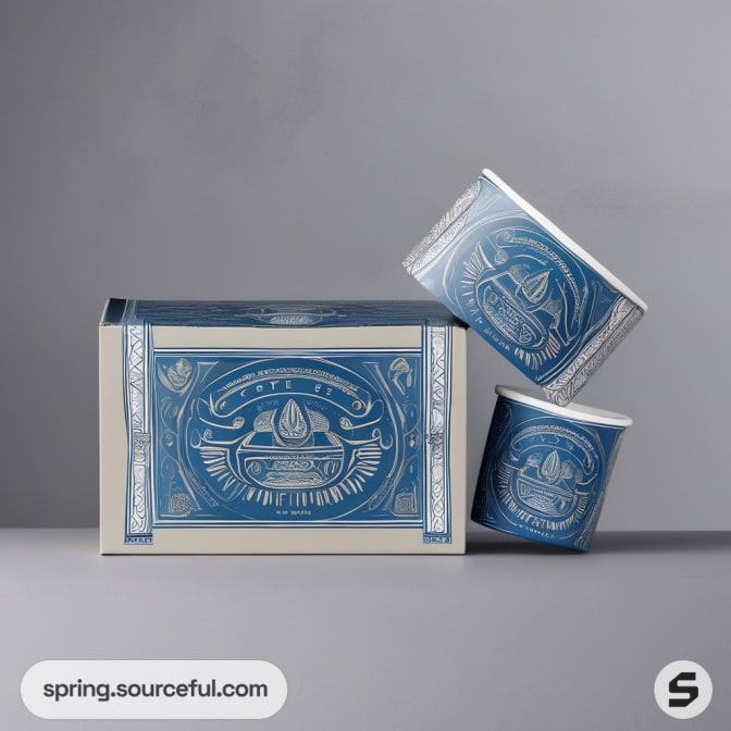Large box with two blue cups featuring detailed designs.