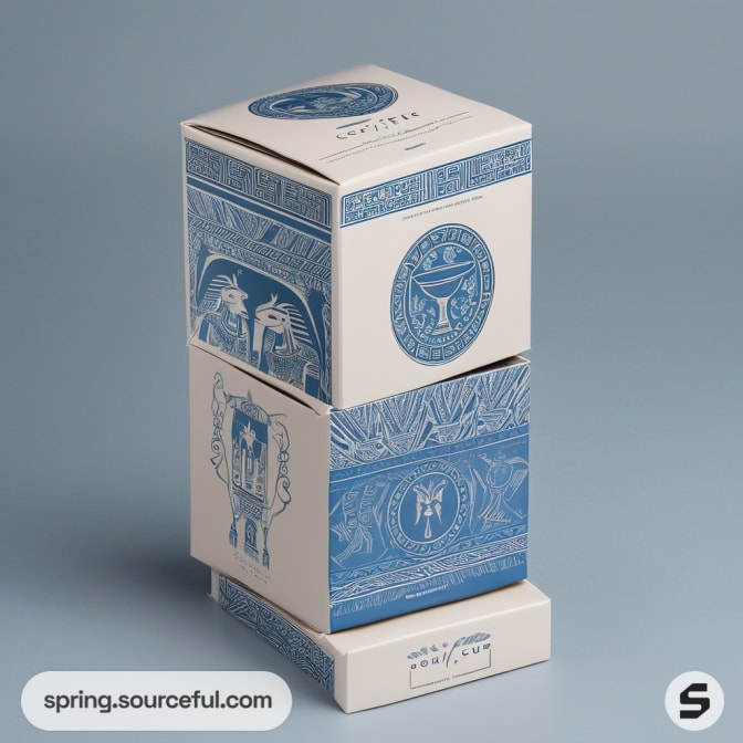 Stacked blue and white boxes with intricate illustrations.