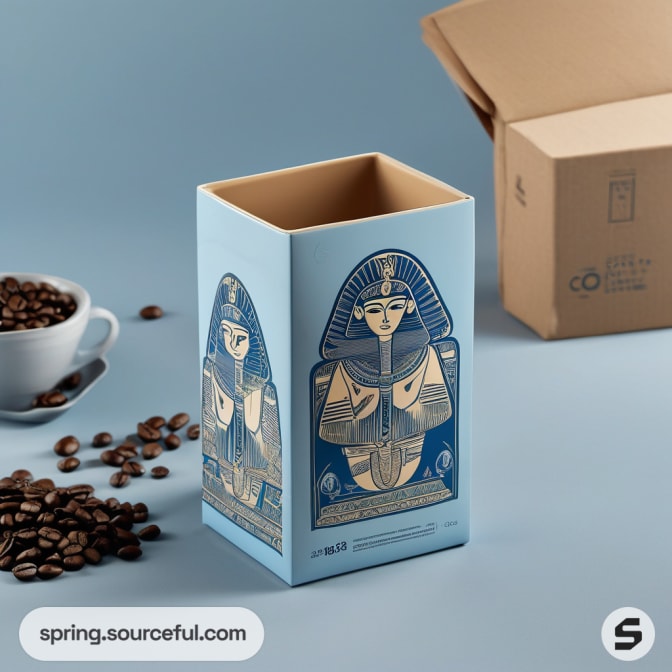 Tall blue box with Egyptian themed illustrations and coffee beans.