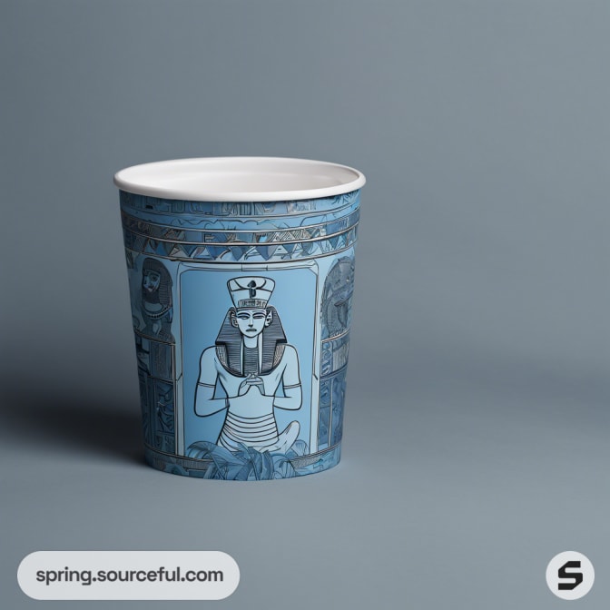 Single blue cup with Egyptian themed illustration.