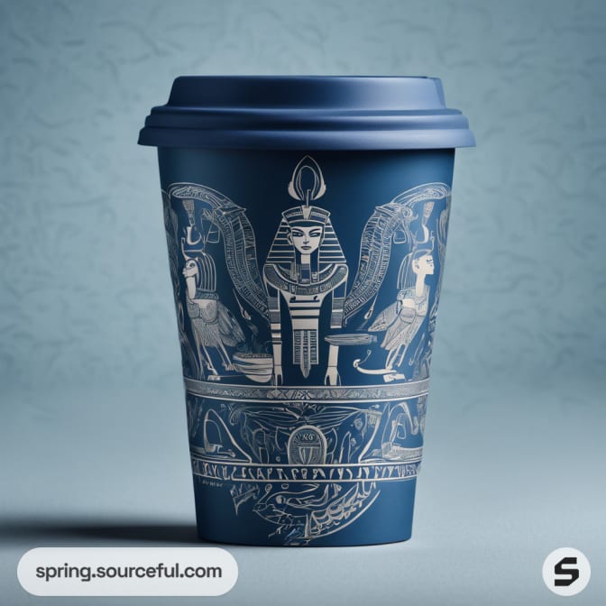 Blue cup with intricate Egyptian themed illustration and lid.