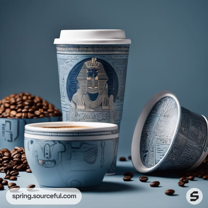Assorted blue coffee cups with detailed Egyptian designs.