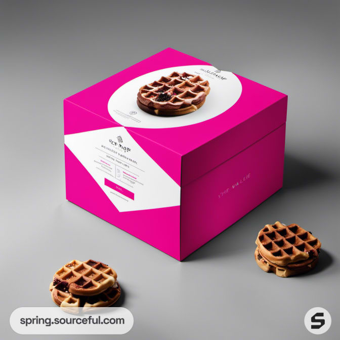 Square pink and white waffle box with waffles on table.