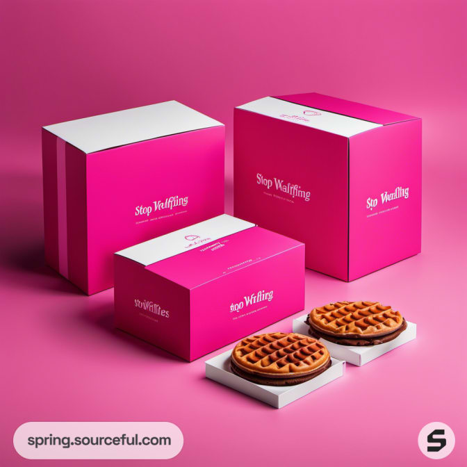 Three pink and white boxes with waffles on pink background.