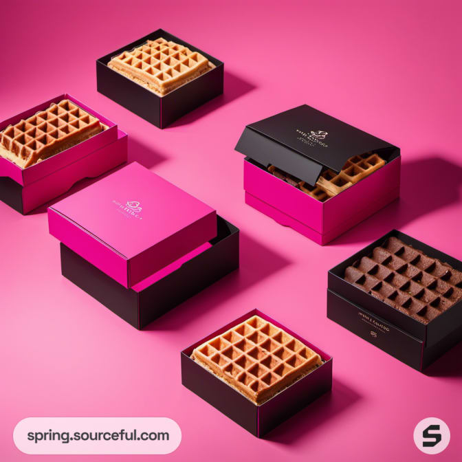 Assorted pink and black boxes with waffles inside.