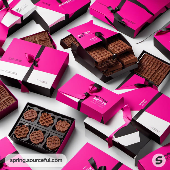 Pink and black gift boxes with chocolates and waffles.