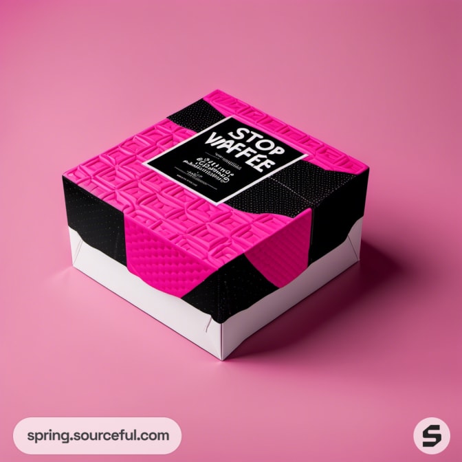 Square pink and black box with a waffle pattern.