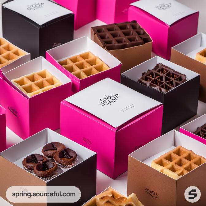 Variety of pink boxes with waffles and chocolates.