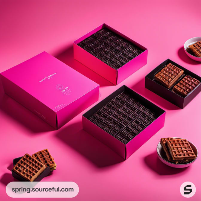 Open pink boxes with waffles on a pink surface.