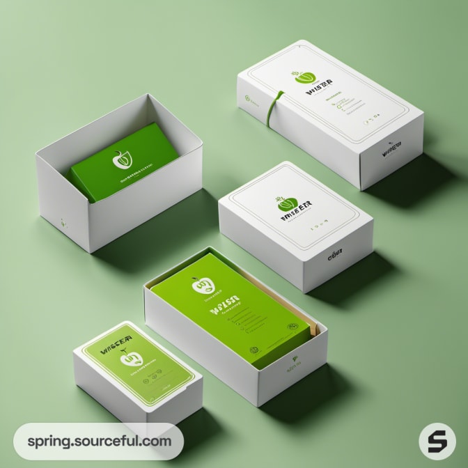 Green and white mailer boxes with leaf and fruit designs on a green background.