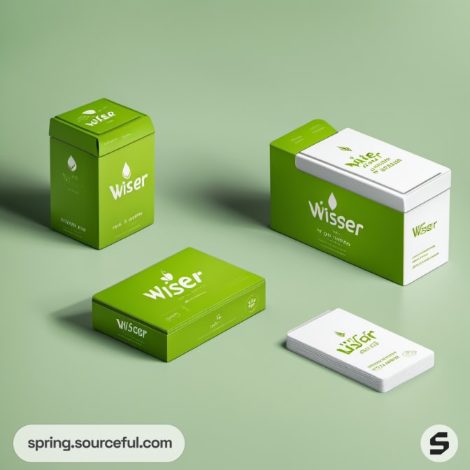 Stacked green rectangular boxes with leaf patterns on a green surface.
