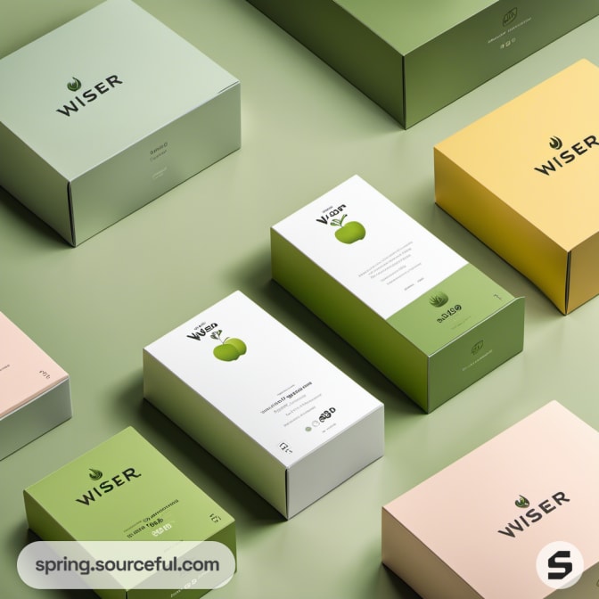 Assorted green and pastel pink boxes with leaf and fruit motifs on a green background.